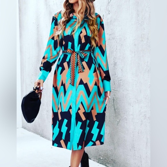 💙 NWT MOD SLINKY RETRO 1960’s STYLE SHIRT MIDI ABSTRACT DRESS LARGE - Picture 6 of 10